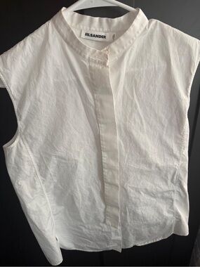 Jil Sander White Sleeveless Mandarin-Collar Cotton Blouse